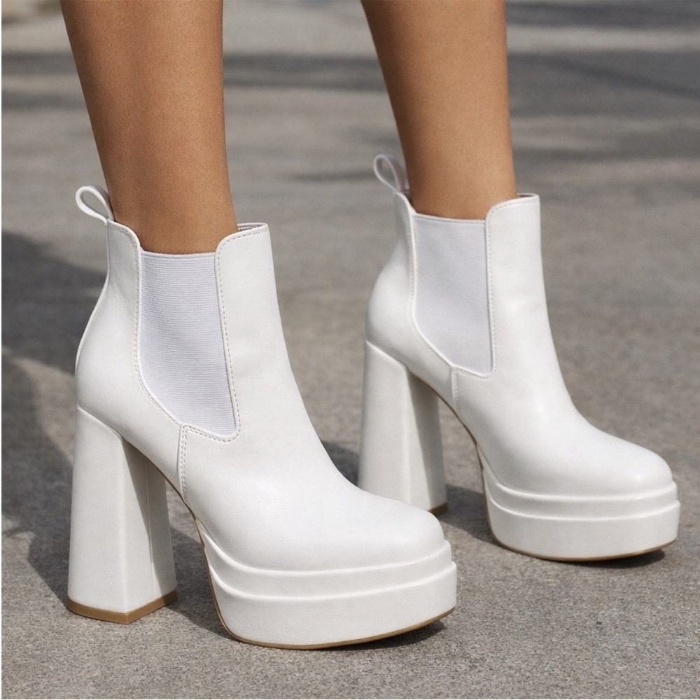 White Chunky Heel Ankle Boots Platform